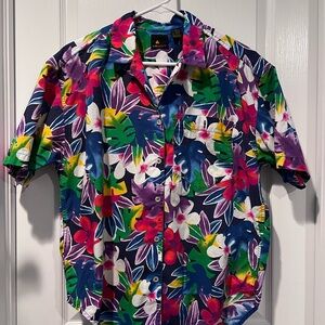 Vintage 80s LizSport Women's Shirt Colorful Button Up Floral Collared Hawaiian M